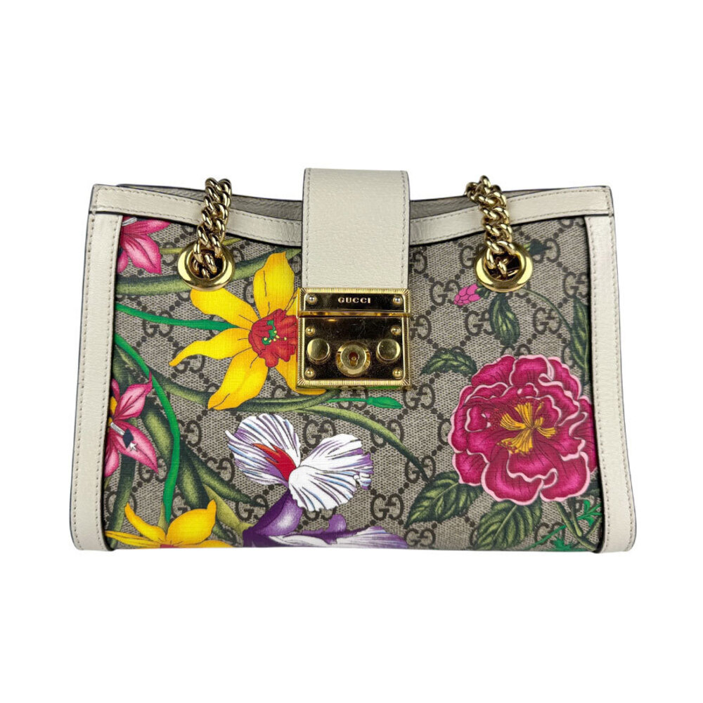 Gucci GG Flora Flower Padlock Tote Shoulder Bag Leather Brown Multicolor Gold